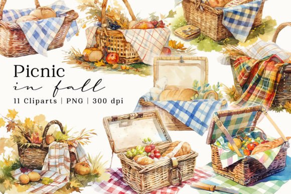 Download Picnic Basket in Fall Watercolor Clipart - Fall watercolor clipart Collection