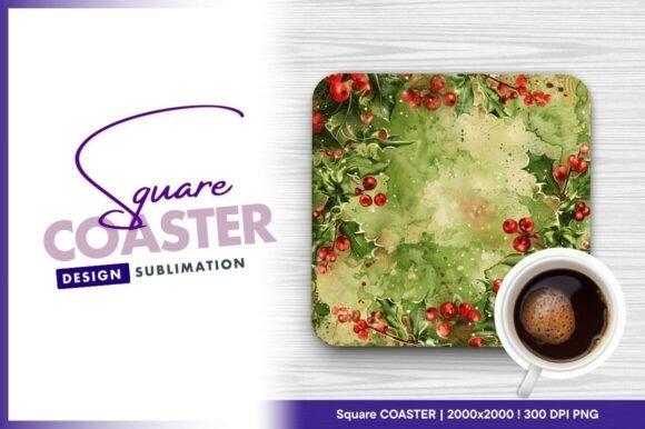 Download Watercolor Holly Berries Square Coaster - Watercolor holly berries Collection